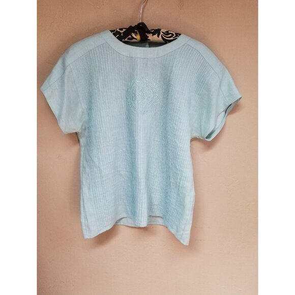 CC Courtenay Womens Short Sleeves Top Front Embroidered Logo Sz 10 Mint Linen - Picture 1 of 6